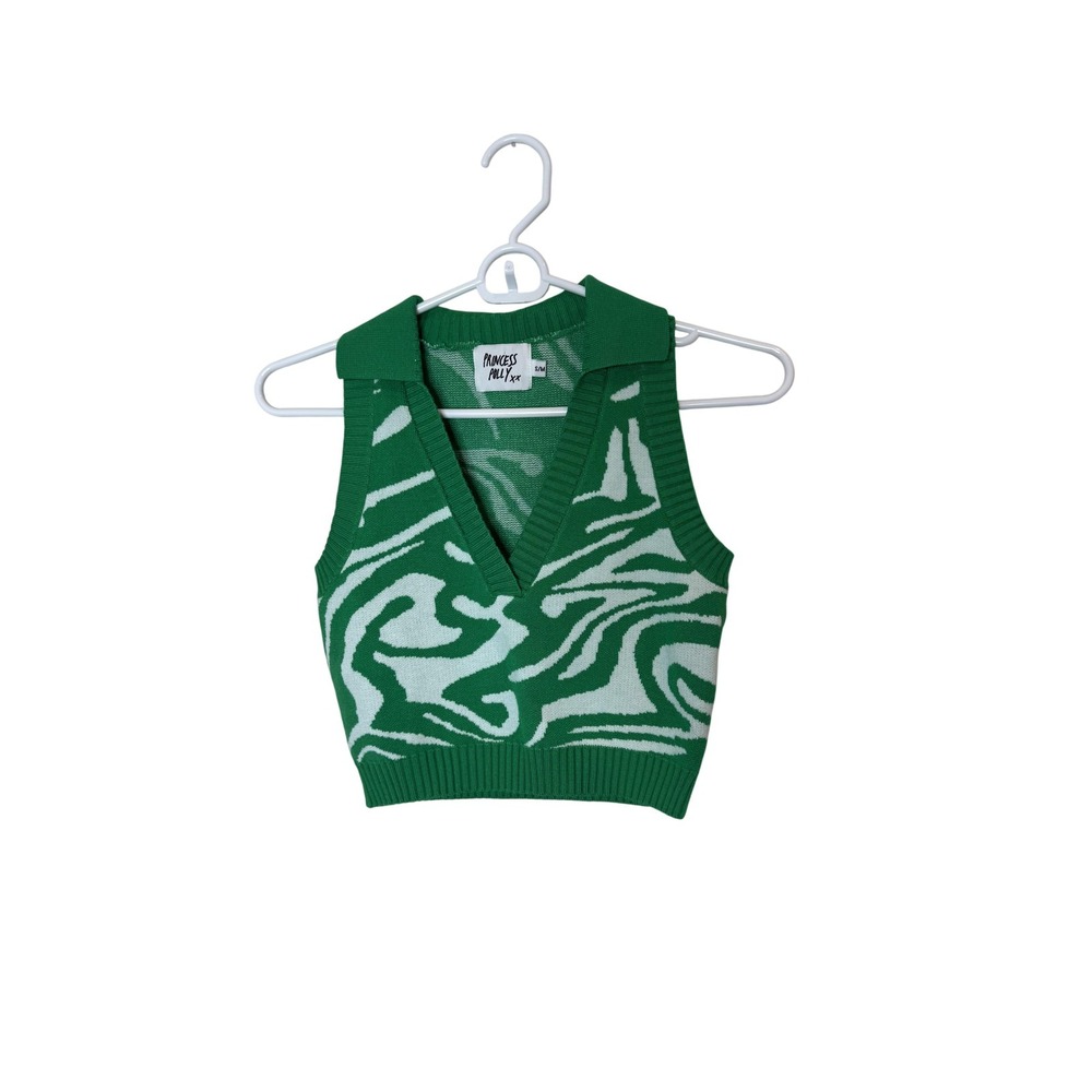 Princess Polly Sweater Vest Womens S/M Green Retro Swirl V Neck Cropped Knit